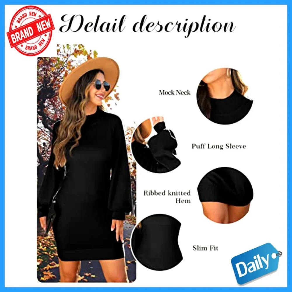 Mock Neck Ribbed Long Sleeve Bodycon Pullover Mini Sweater Dress Chic - Picture 6 of 7